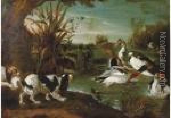 Spaniels Threatening Ducks In A River Landscape Oil Painting - Alexandre-Francois Desportes