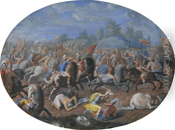 Two Oval Battle Scenes Oil Painting - Francesco Allegrini