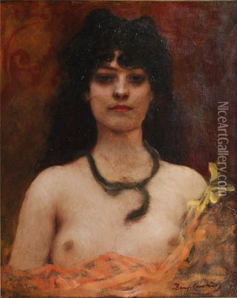 Orientalist Portrait Of A Nude Lady, Bust Length Oil Painting - Benjamin Jean Joseph Constant