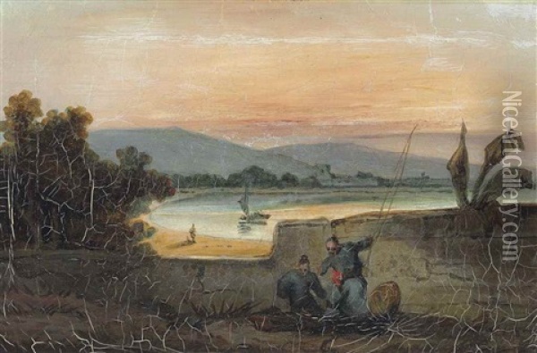 Sunset, Macao, With Fishermen, And A Bay Beyond Oil Painting - George Chinnery