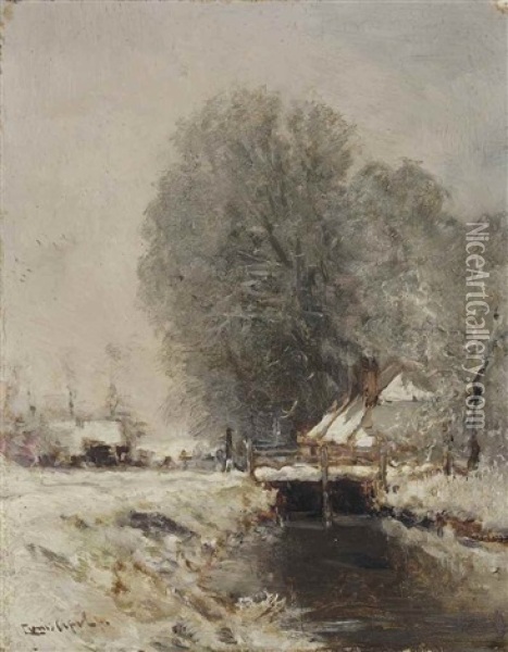 Snow Covered Houses Under Trees In Winter Oil Painting - Louis Apol