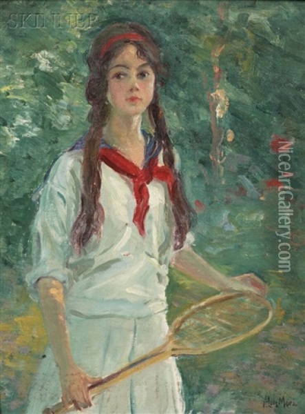 Young Girl Holding A Tennis Racquet Oil Painting - Francis Luis Mora