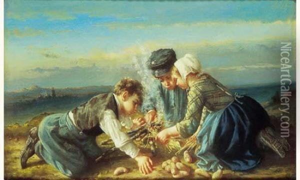 Enfants Allumant Un Feu Pour Cuire Des Pommes De Terre. Circa 1870. Oil Painting - Cesar Pattein