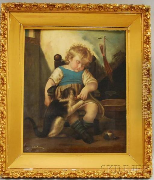 Sleeping Child With Cat/a Double-sided Composition Oil Painting - James K. Makin