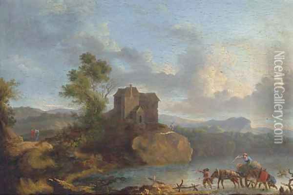 A landscape with travellers crossing a ford, a house beyond Oil Painting - Jan Asselyn