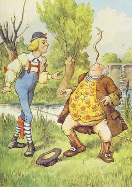 Father William Balancing an Eel on his Nose, illustration from Alice in Wonderland by Lewis Carroll 1832-9 Oil Painting - John Tenniel
