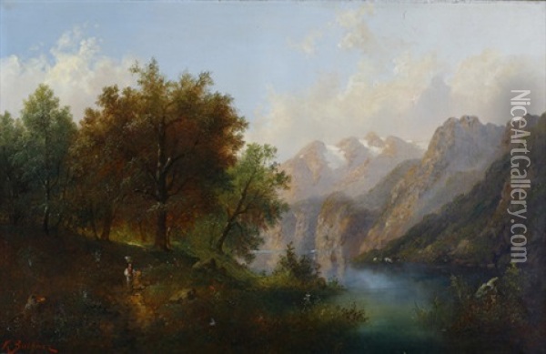 Waldweg Mit Personenstaffage An Einem Alpensee Oil Painting - Carl Buchner