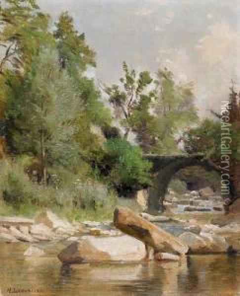 Sonnige Flusspartie Mit Felsen Und Brucke. Oil Painting - Lemaitre Nathanael