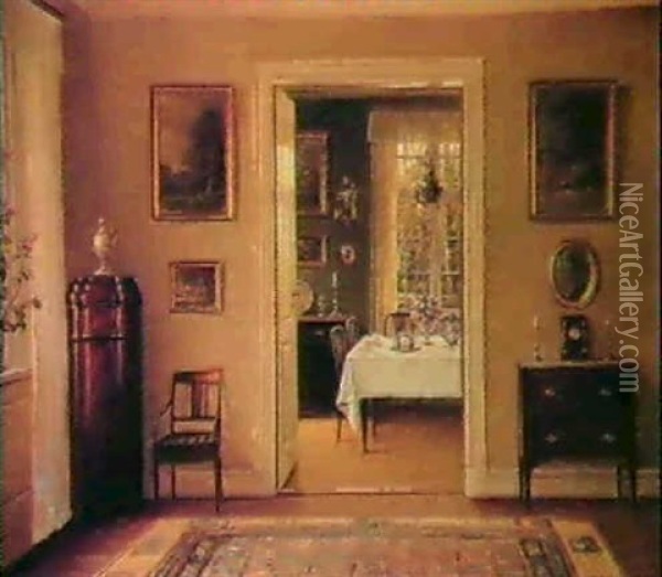 Looking Through To The Dining Room. Oil Painting - Hans Hilsoe