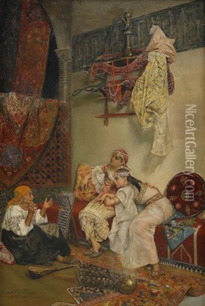 Orientalisk Interior Med Samtalande Kvinnor Oil Painting - Ricardo Villegas Y Cordero