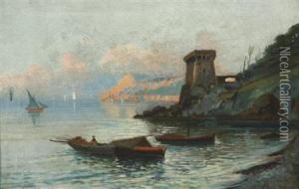 Ships Off The Amalfi Coast At Sunset Oil Painting - Oscar Ricciardi