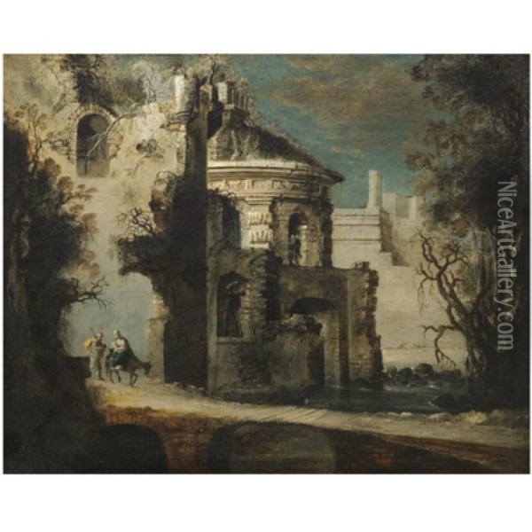 An Architectural Capriccio Of Roman Ruins With The Flight Into Egypt Oil Painting - Francois de Nome
