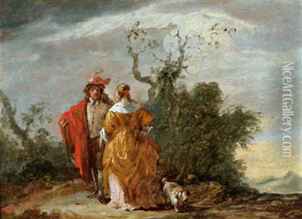 Ein Elegantes Paar Mit Einem Hundchen In Einer Landschaft Oil Painting - Matthias Scheits