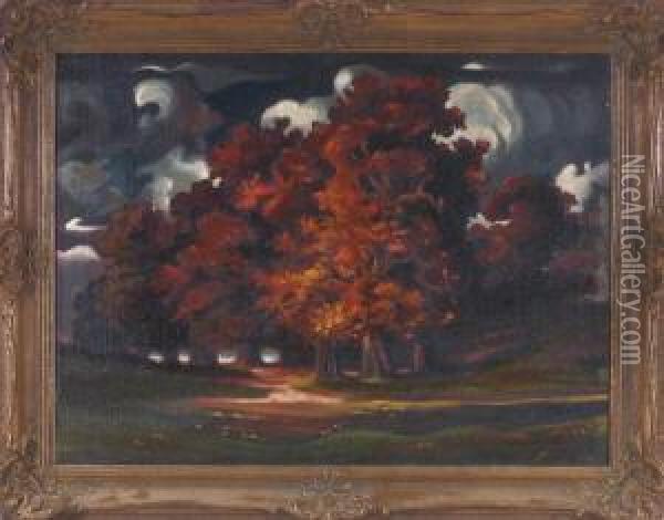 Herbstliche Baumgruppe Bei Gewitterstimmung Oil Painting - Hermann Traugott Rudisuhli