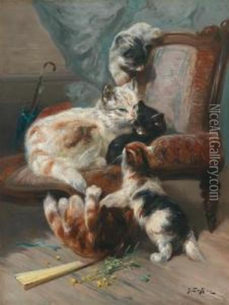 Cats Playing Oil Painting - Jules Le Roy