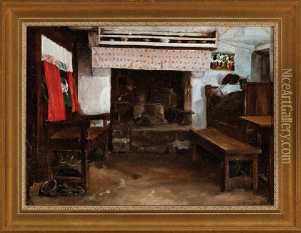 Interior, Red Curtains Oil Painting - Charles J. Bridgman