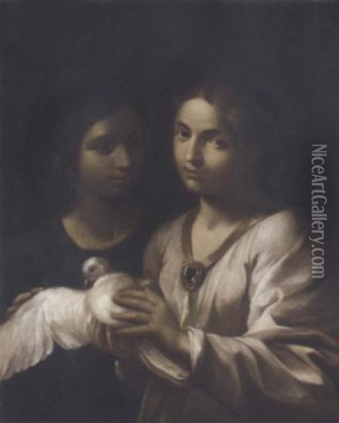 Two Girls With A Dove Oil Painting - Onorio Marinari