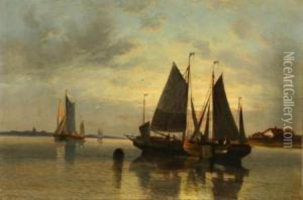 Fishing Boats In A Harbor At Sunset Oil Painting - Charles William Wyllie