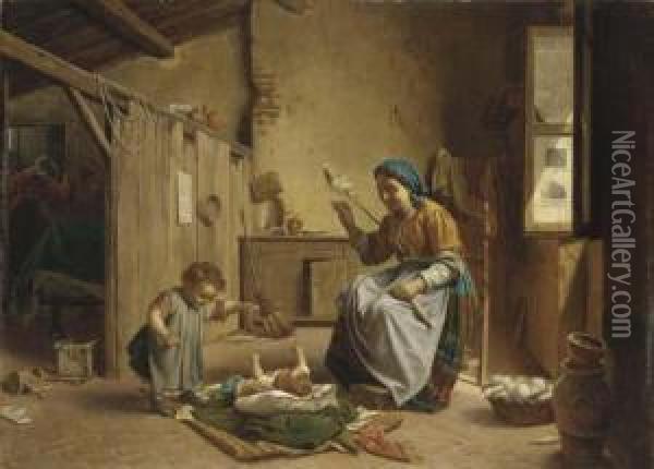 A Mother Winding Yarn With Her Children In An Interior Oil Painting - Gaetano Chierici