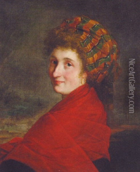 Portrait Of A Woman Wearing A Red Shawl And A Head Dress Oil Painting - Henri-Pierre Danloux