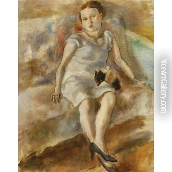 Young Woman With A Little Dog Oil Painting - Jules Pascin