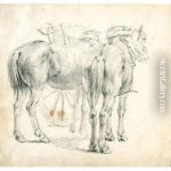 Study Of Two Horses Resting By Their Cart Oil Painting - Pieter van Bloemen