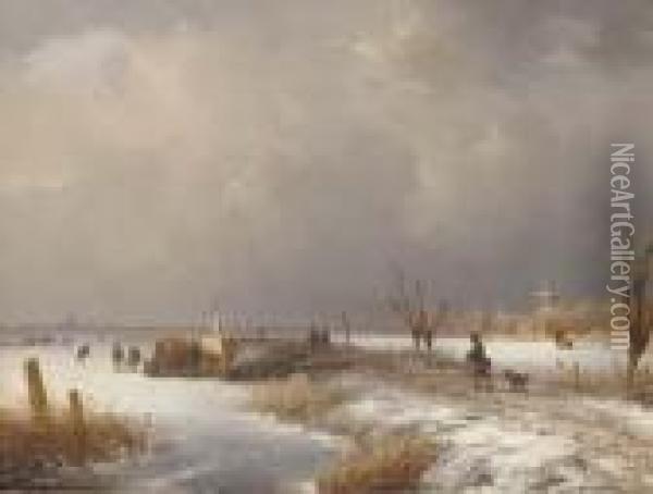 A Dutch Winter Landscape Oil Painting - Nicholas Jan Roosenboom