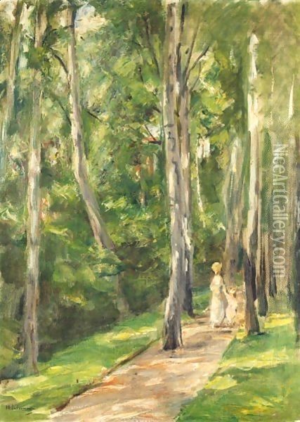 Die Birkenallee Im Wannseegarten Nach Westen (Alley Of Birches In The Wannsee Garden To The West) Oil Painting - Max Liebermann
