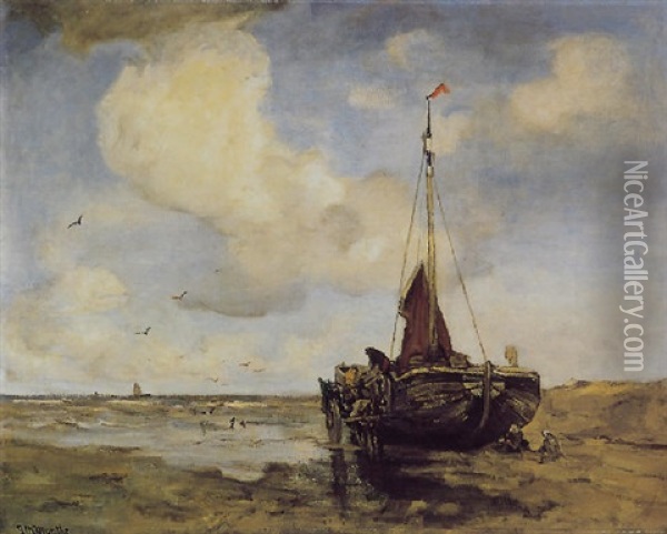 Bomschuit Op Het Strand Met Schelpenvisser Langszij Oil Painting - Gerhard Arij Ludwig Morgenstjerne Munthe