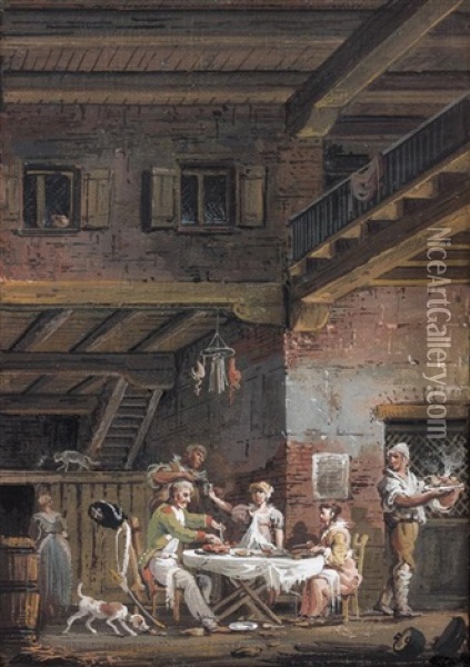Collation Devant Une Auberge (+ Soldats Jouant Aux Cartes Dans Une Salle De Garde ; 2 Works) Oil Painting - Giovanni Migliara