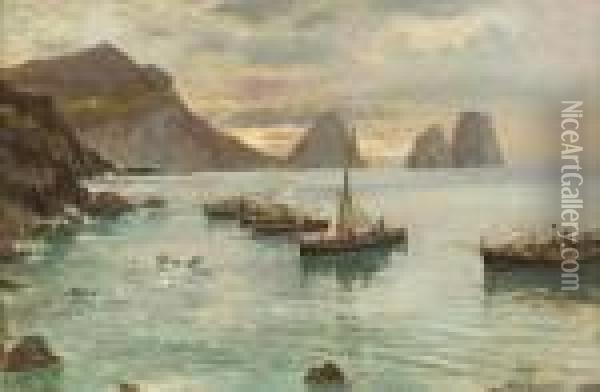 Barche Di Pescatori A Capri Al Tramonto Oil Painting - Attilio Pratella