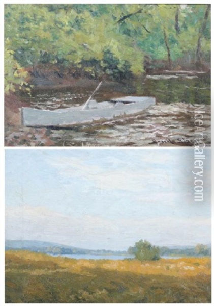 Landscape With Blue Sky (+ Rowboat In Stream; 2 Works) Oil Painting - Emile Stange