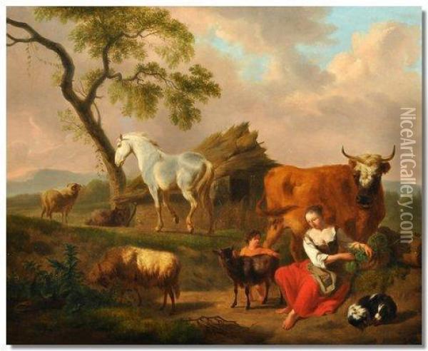 Woman And Child With A Dog Cow,horse,goat And Sheep. Oil Painting - Nicolaes Berchem