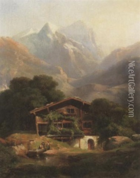 Bauernhaus Im Haslithal. Im Hintergrund Blick Auf Ein Bergmassiv Mit Gletscher Oil Painting - Julius Bakof