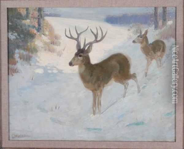 Two Deer Oil Painting - Edwin Willard Deming