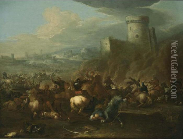 A Cavalry Battle Scene Between 
Turkish And Christian Troops, With A View Of A Town Beyond Oil Painting - Georg Philipp I Rugendas