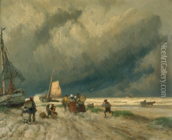 Fischer Am Strand Bei Sturmischem Wetter Oil Painting - Johannes Hermanus Barend Koekkoek