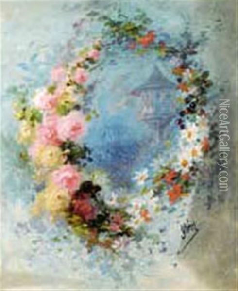 Pigeonnier Dans Une Guirlande De Fleurs Oil Painting - Jules Cheret