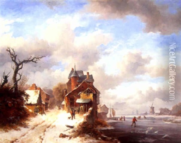 A Winter Landscape With Skaters On A Frozen River Oil Painting - Frederik Marinus Kruseman