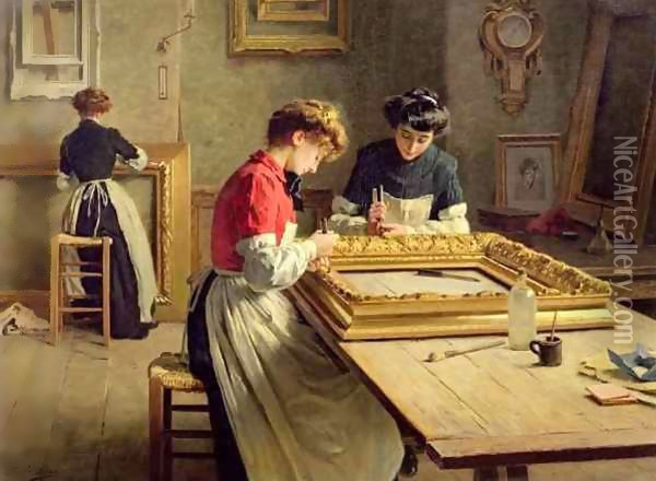 Interior of a Frame Gilding Workshop Oil Painting - Louis Emile Adan