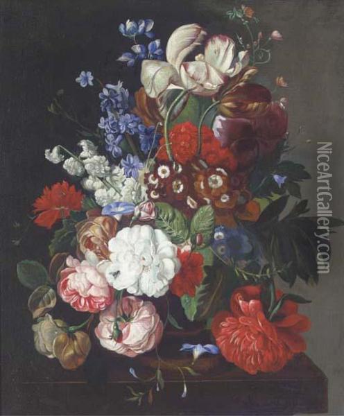 Flowers In A Vase On A Table Oil Painting - Jan Van Huysum