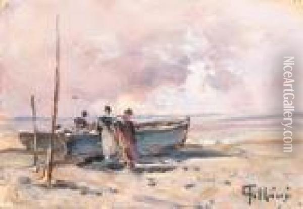 Barche E Figure Sulla Spiaggia Oil Painting - Carlo Follini
