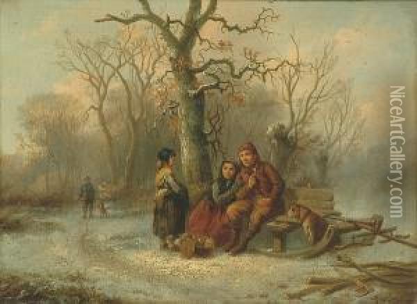 A Snow Scene With A Woodman Pausing For Lunch Oil Painting - Alexis de Leeuw