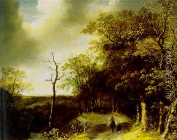 A Wooded Landscape With Travellers On A Path With A Huntsman Taking Aim In The Foreground Oil Painting - Jan Looten