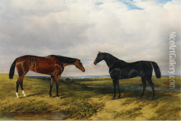Two Horses In An Extensive Landscape Oil Painting - William Snr Luker