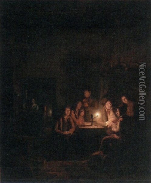 Figures Reading By Candlelight Oil Painting - Johannes Rosierse