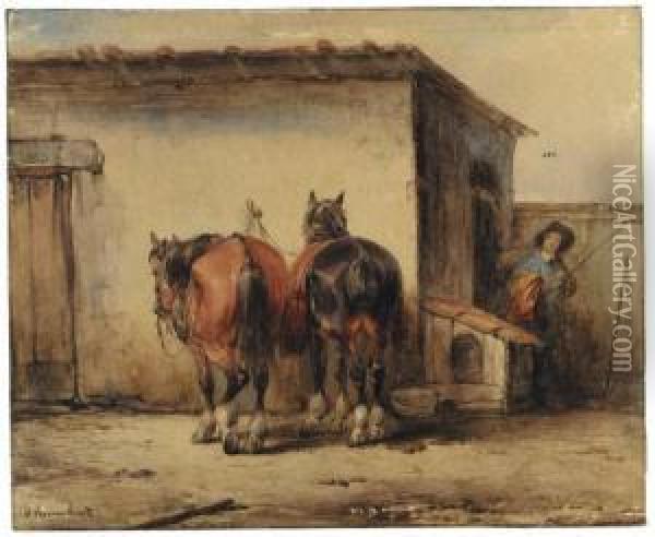 Two Horses And A Horseman By A Stable Oil Painting - Jozef Jodocus Moerenhout