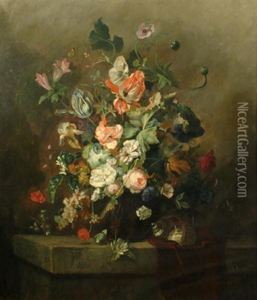 Bouquet With Tulips, Roses And Shell Oil Painting - Ludwig Putz