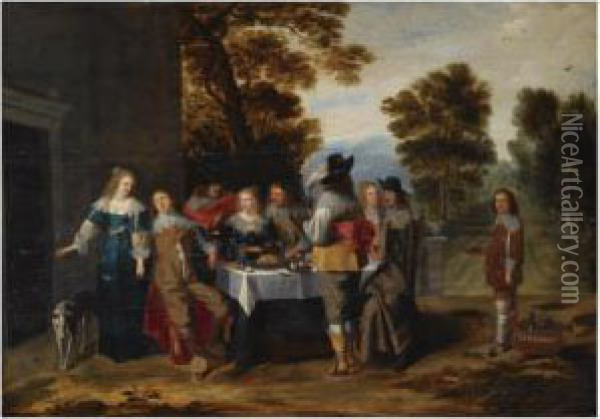 An Elegant Company Seated Around A Set Table On A Terrace, A Formalgarden Beyond Oil Painting - Christoffel Jacobsz van der Lamen