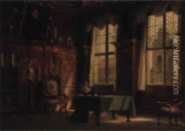 A Woman Reading In An Interior Oil Painting - Adolf Heinrich Claus Hansen